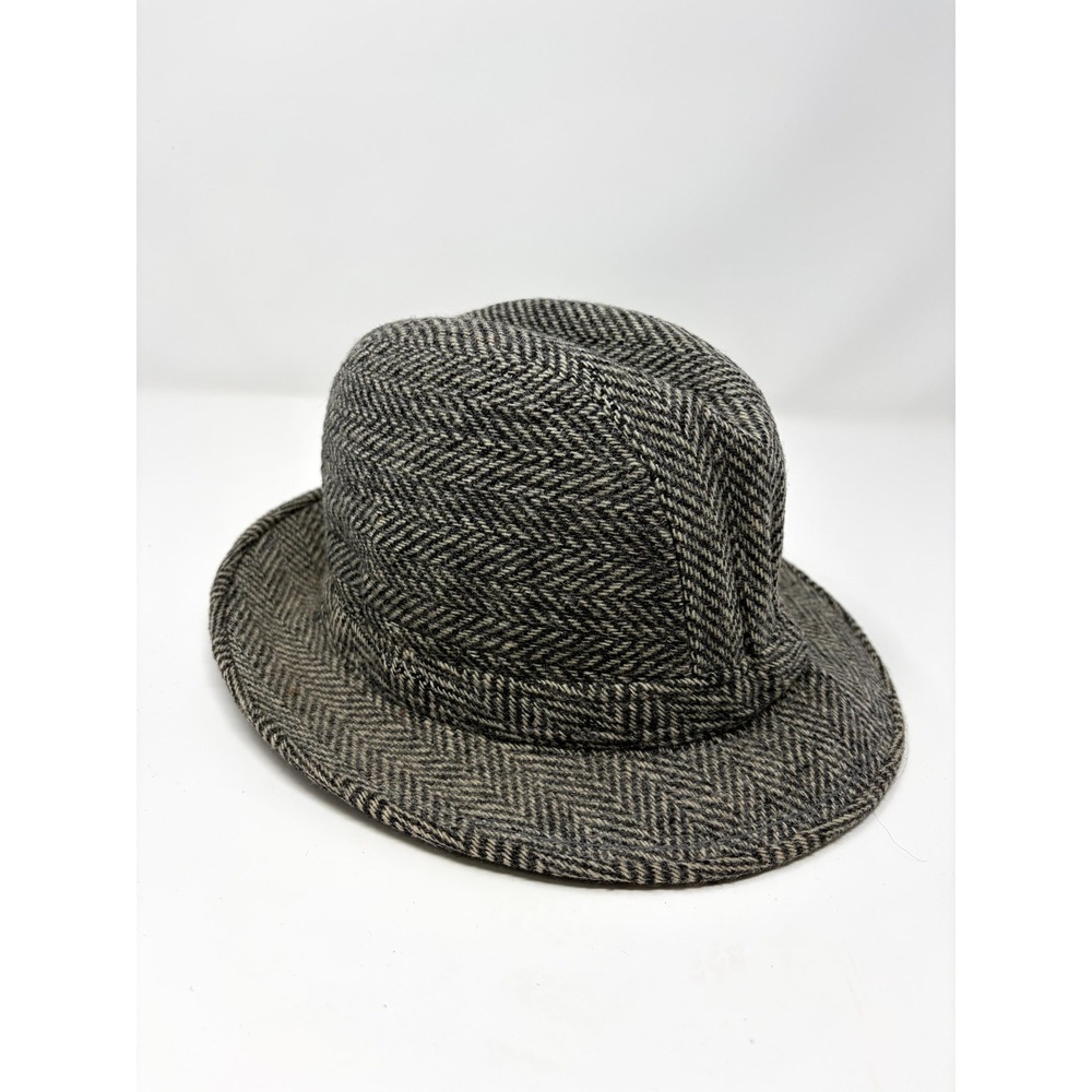 London Fog Vintage Herringbone Tweed Fedora Hat Grey Black Mens Sm 6 3/4 6 7/8